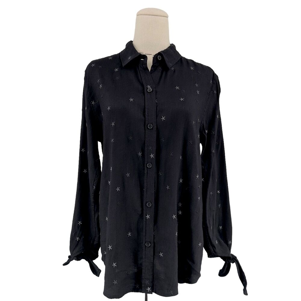 Rails Black Star Robyn Button Down Blouse With Tie Cuffs Long Sleeve Medium